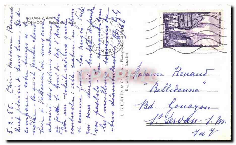 CPA La Cote D'Azur Monaco Palais Du Prince — Verso