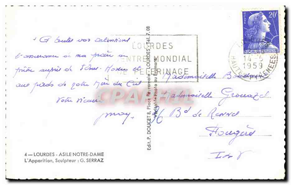 CPSM Lourdes Asile Notre Dame L'Apparition Sculpteur Serraz — Verso