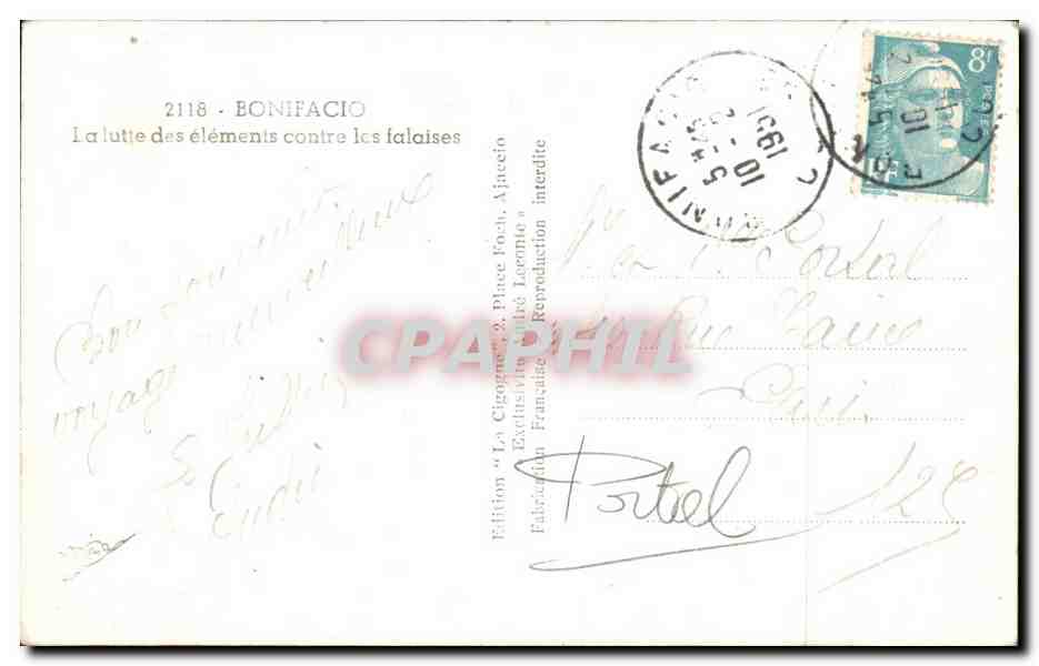 Die Storch — Klippen von Bonifacio — Edition La Cigogne, Place Foch, Ajaccio — Rückseite