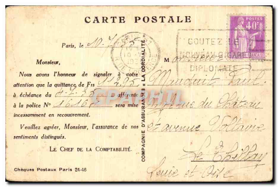 CPA Propriete De La Cordialite D'Assurances Rue de la Victoire Paris  — Verso
