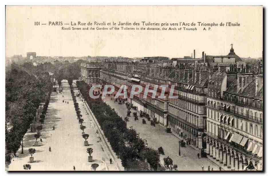 CPA Paris La Rue de Rivoli et le Jardin des Tuileries pris vers I'Acr de Triomphe