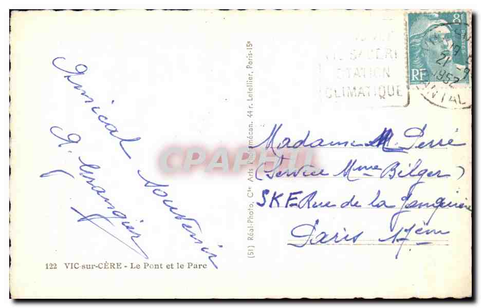 CPA Vic sur Cere Le Pont et le Parc — Verso