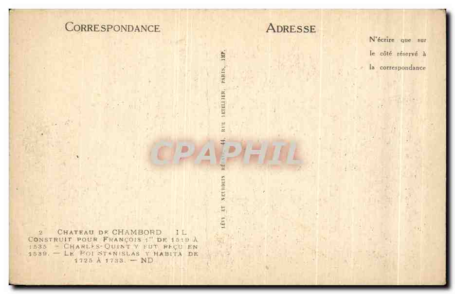CPA Chateau de Chambord Construit pour Francois 1er — Rückseite