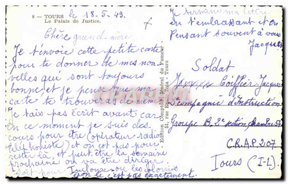 CPA Tours Le Palais de Justice — Verso