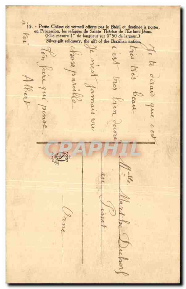 CPA Petite Chasse de vermeil offerte par le Bresil Lisieux — Rückseite