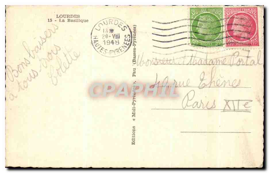 CPA Lourdes La Basilique — Verso