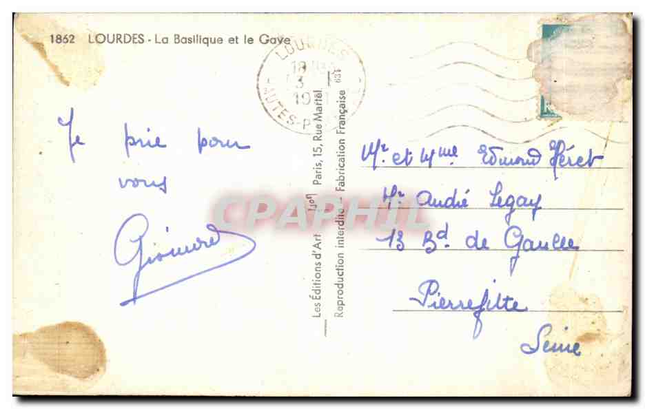 CPA Lourdes La Basilique et le Gave — Verso
