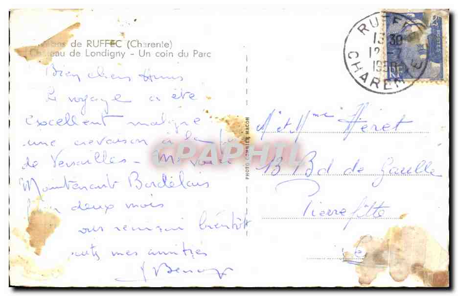 CPA Environs de Ruffec Chateau de londigny Un coin du Parc — Verso