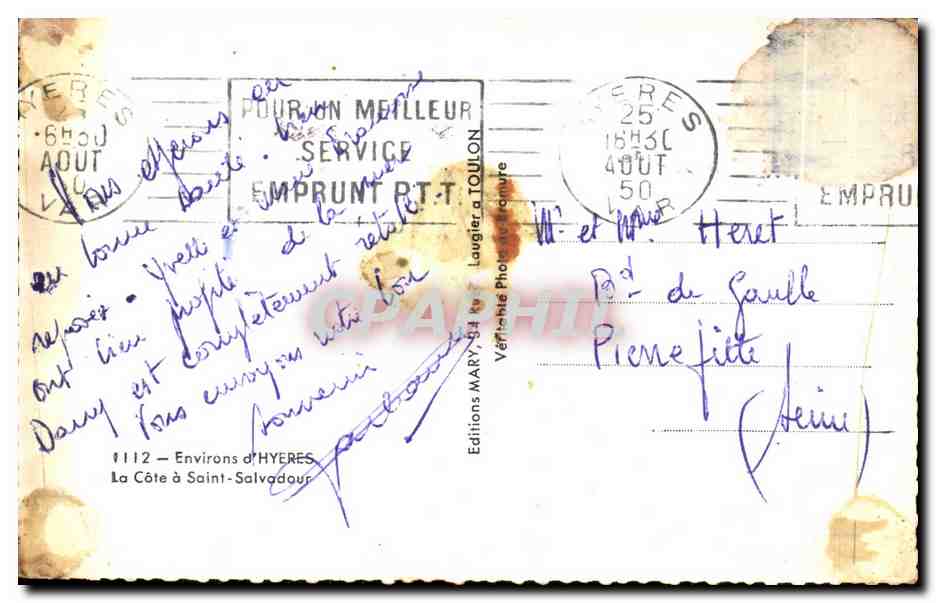 CPA Environs d'Hyeres La cote Saint Salvadour — Rückseite