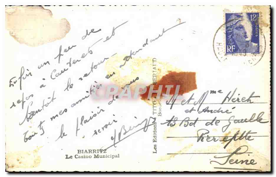 CPA Biarritz Le Casino Municipal — Verso