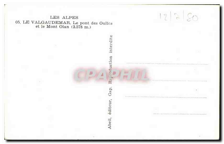 CPA Les Alpes Le Valgaudemar Le Pont des Oulles Et le mont Olan — Rückseite