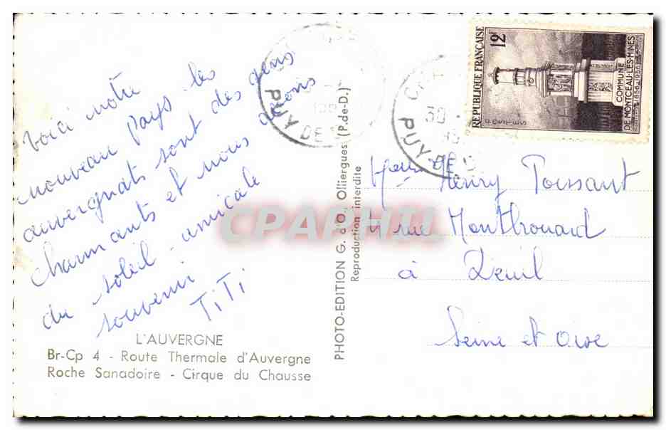 CPA L'Auvergne Route Thermale d'Auvergne Roche Sanadoire Cirque du Chausse — Verso