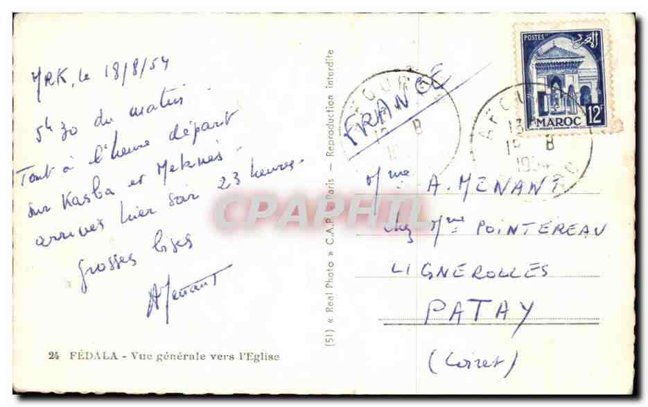 CPA Fedala Vue Generale Vers L'Eglise Maroc — Rückseite