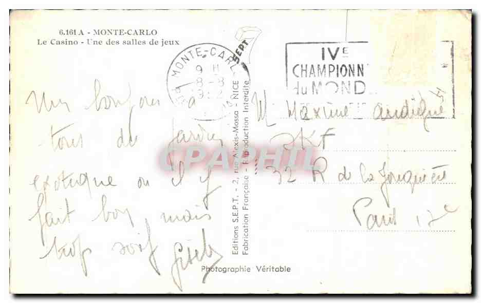 CPA Mont Carlo Le Casino Une des Salles de Jeux — Rückseite
