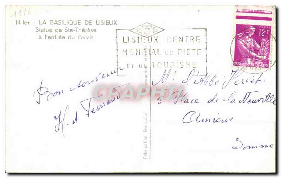 Basilique de Lisieux — Statue de Sainte-Thérèse à l'entrée du Parvis — Éditeur : Fabrication Française — Rückseite