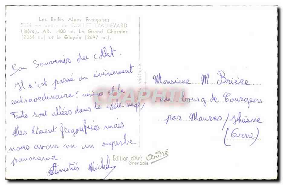 Les Belles Alpes Françaises — Collet d'Allevard (Isère), vue du collet et du Grand Charnier — Édition d'Art Grenoble — Verso