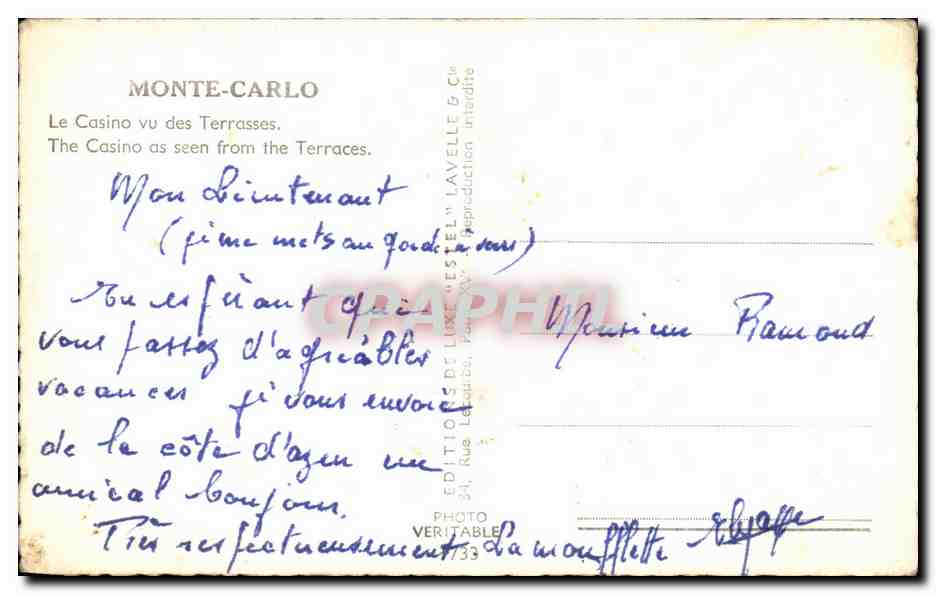 CPA Monte Carlo Le Casino vu des Terrasses — Verso