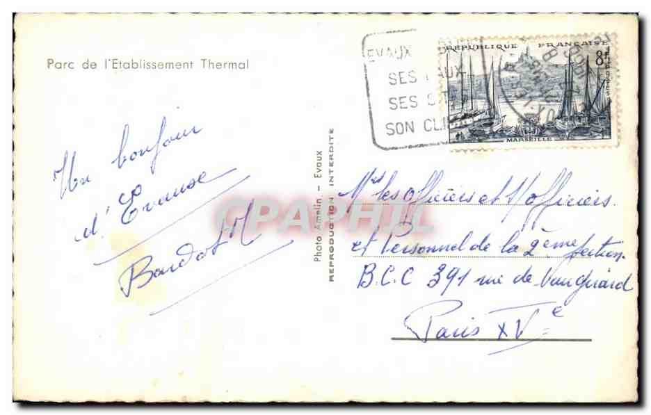 CPA Parc de I'Etablissement Thermal Evaux — Verso