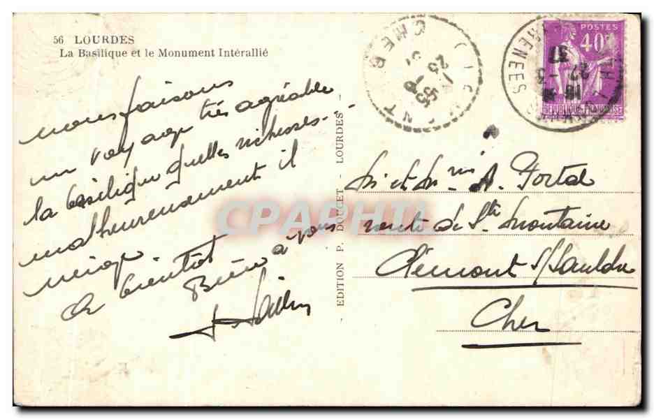 CPA Lourdes La Basilique et le Monument Interallie — Verso