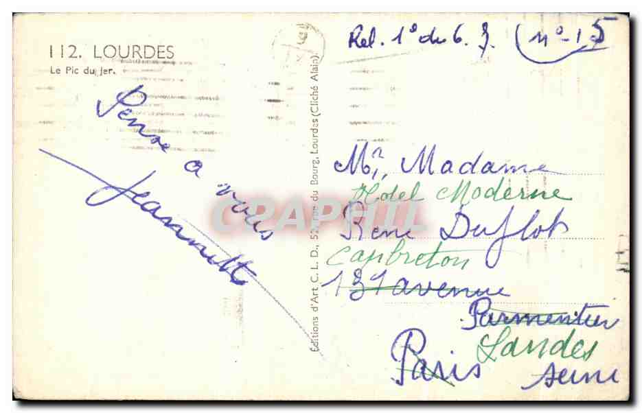 CPA Lourdes Le pic du Jer  — Verso