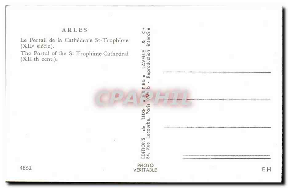 Arles — Portail de la Cathédrale Saint-Trophime (XIIe siècle) — Éditeur Estel, n° 4862 — Verso