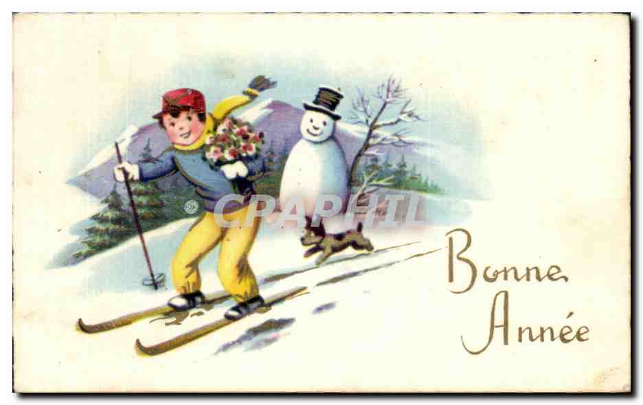 CPA Bonne Annee Ski Bonhomme de neige 