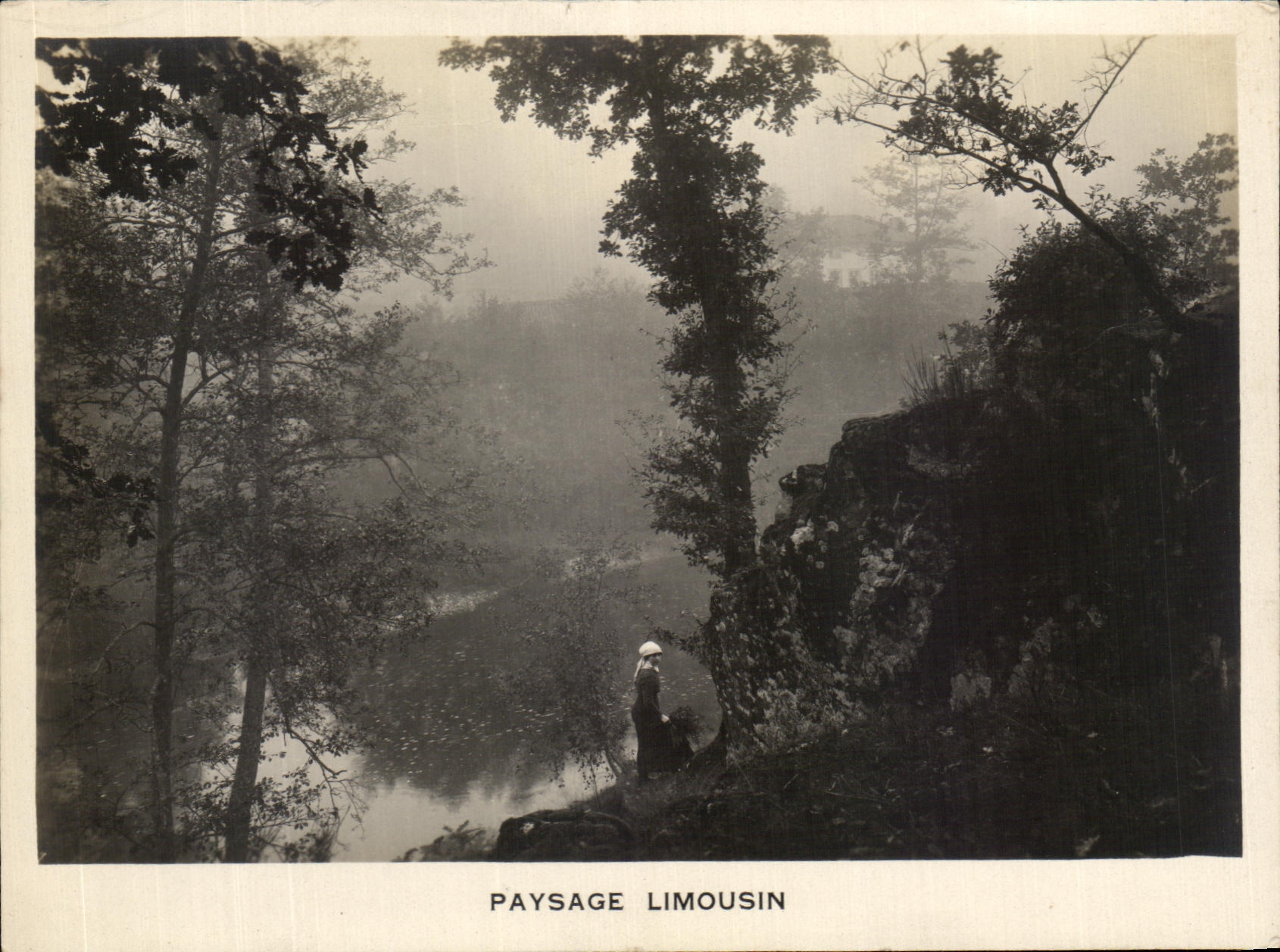 Limousin Landscape — view of snow-covered river with woman in long dress — publisher unknown