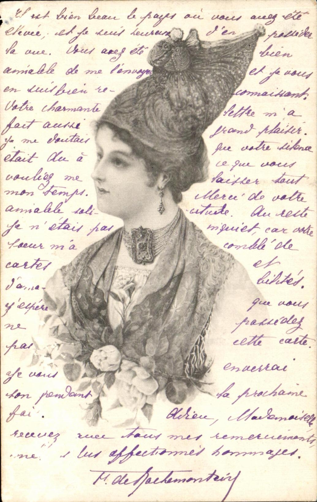Jeune femme en chapeau orné — carte postale de correspondance — éditeur : Unionpostale Universale, n° de série non visible