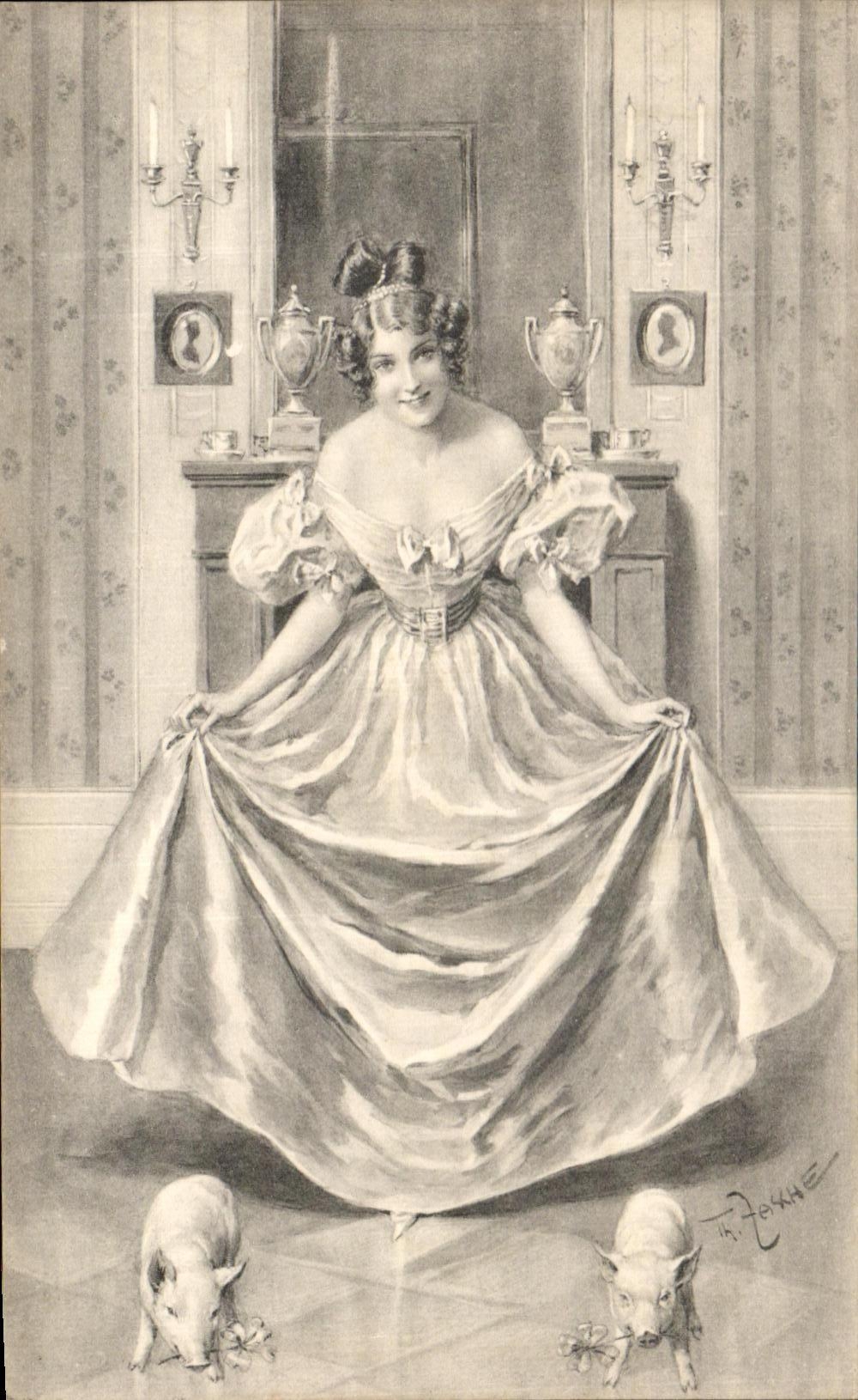 CPA Fantaisie Femme Cochons 