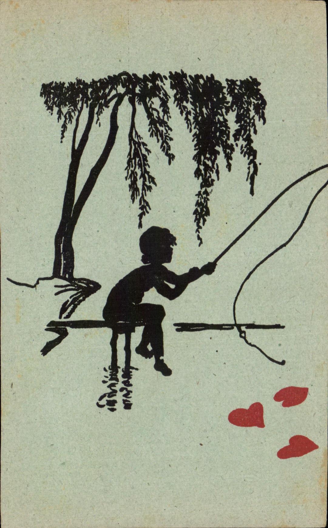 Enfant pêchant sous un saule — illustration — éditeur inconnu