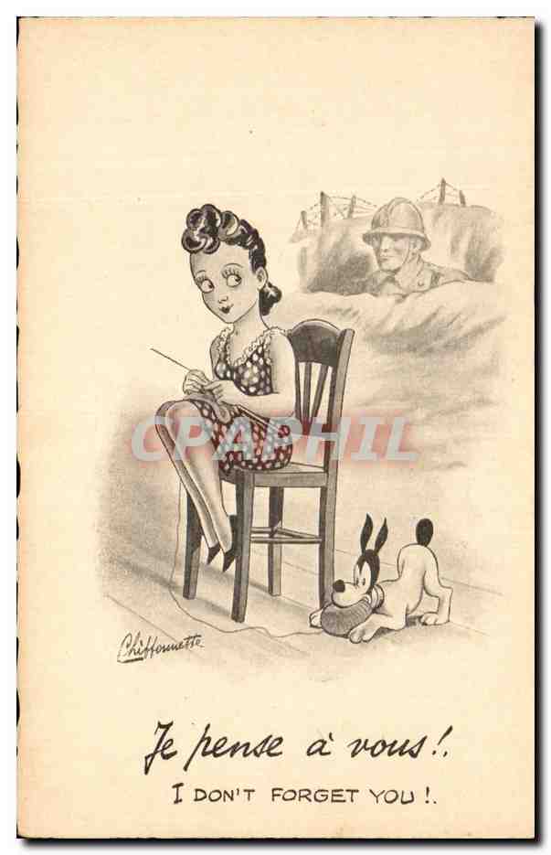 CPA Je Pense a Vous I don't Forget you Femme Chein Militaria