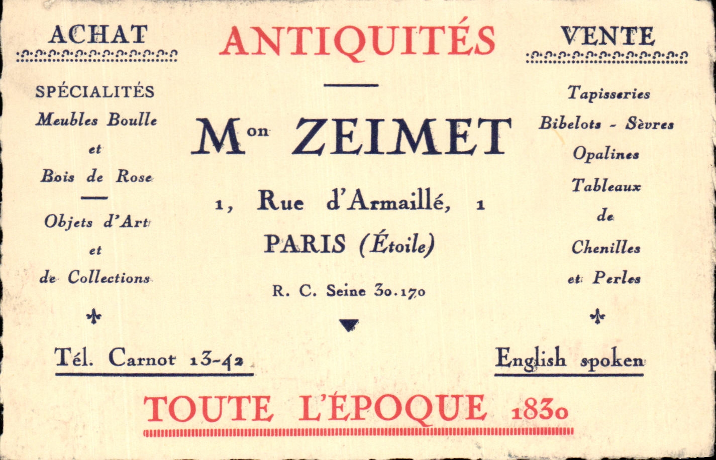 Carte de visite Achat Antiquites m Zeimet rue d'Armaille Paris Etoile Toute l'epoque 1830