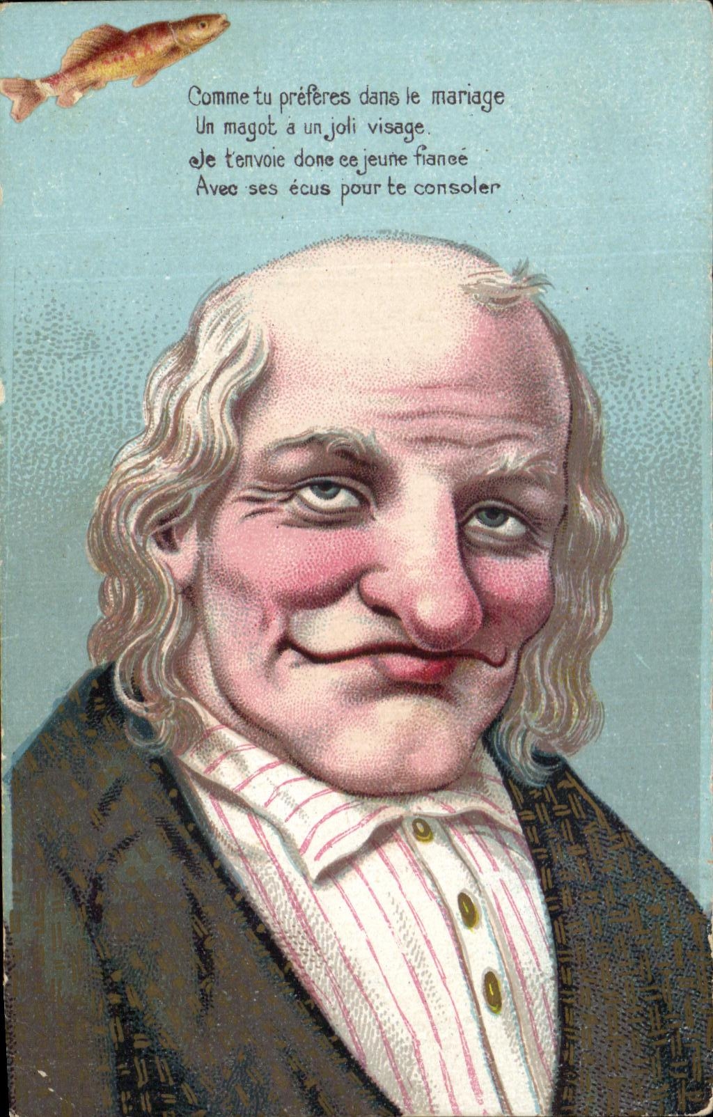Caricature d'un homme âgé — poème sur le mariage — éditeur non visible
