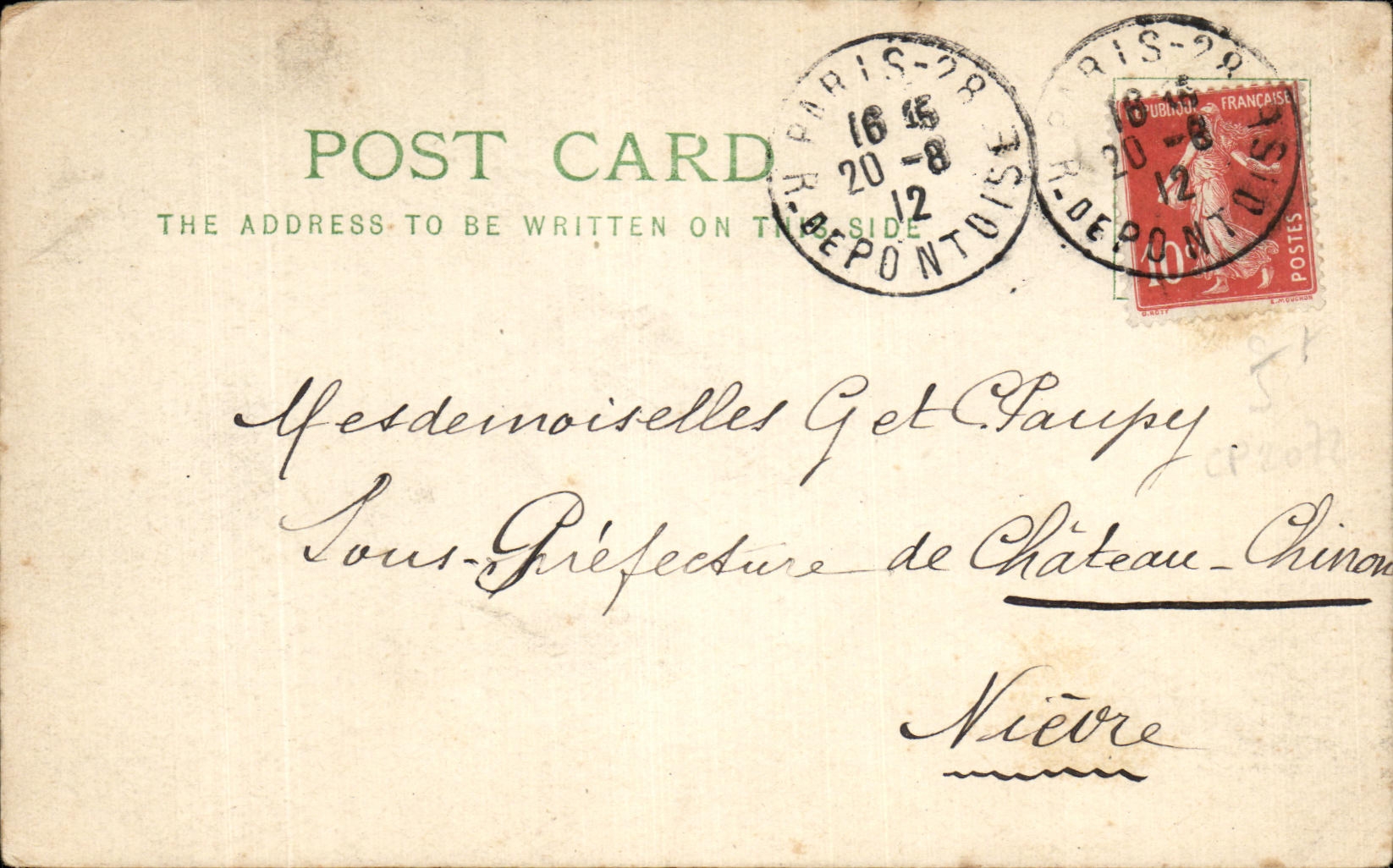Carte postale pour Chateau Chinon Paupey 1912