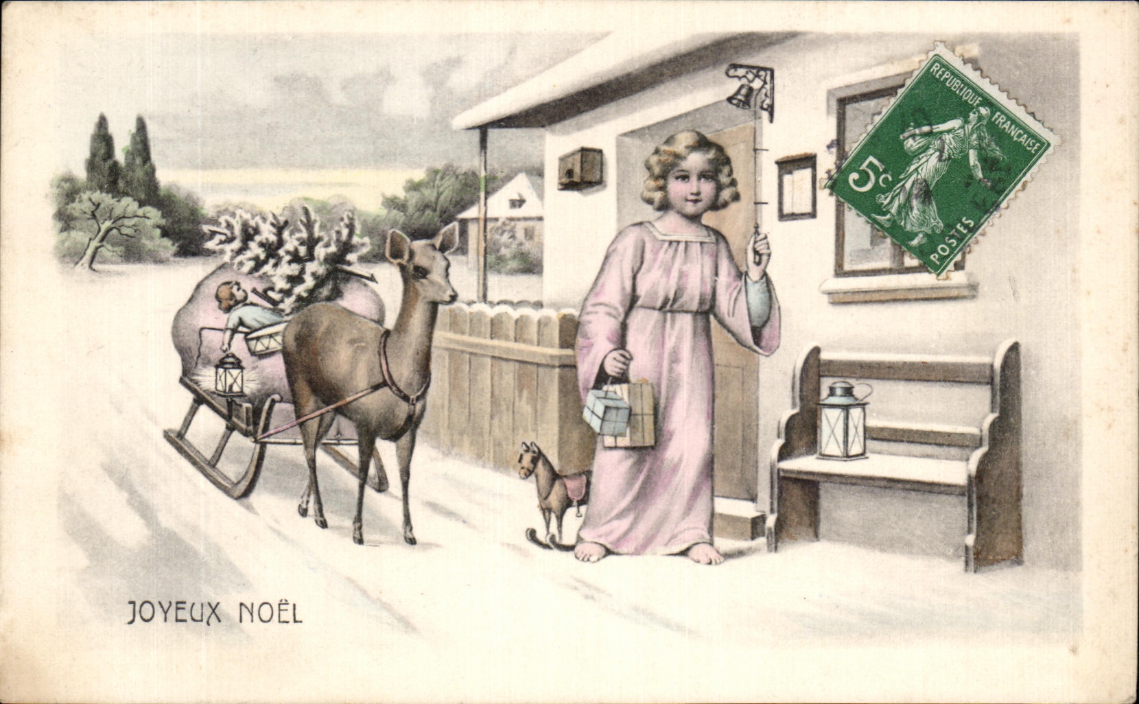 CPA Joyeux Noel Enfant Traineau Biche 