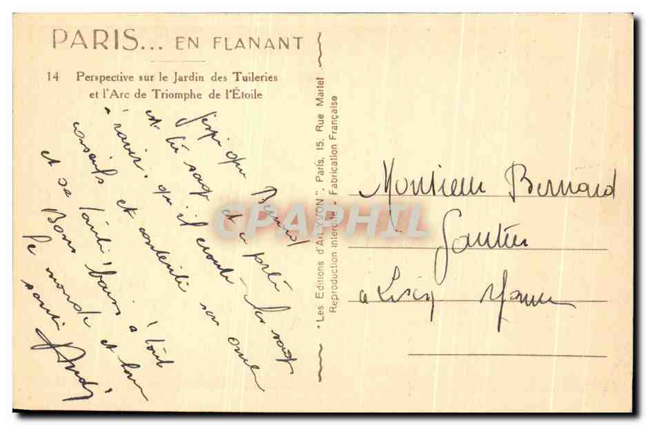CPA En Flanant Perspective sur le Jardin des Tuileries et I'Arc de Triomphe de I'Etoile Paris  — Rückseite