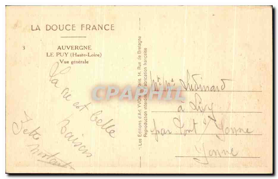 CPA Auvergne Le Puy Vue Generale — Verso