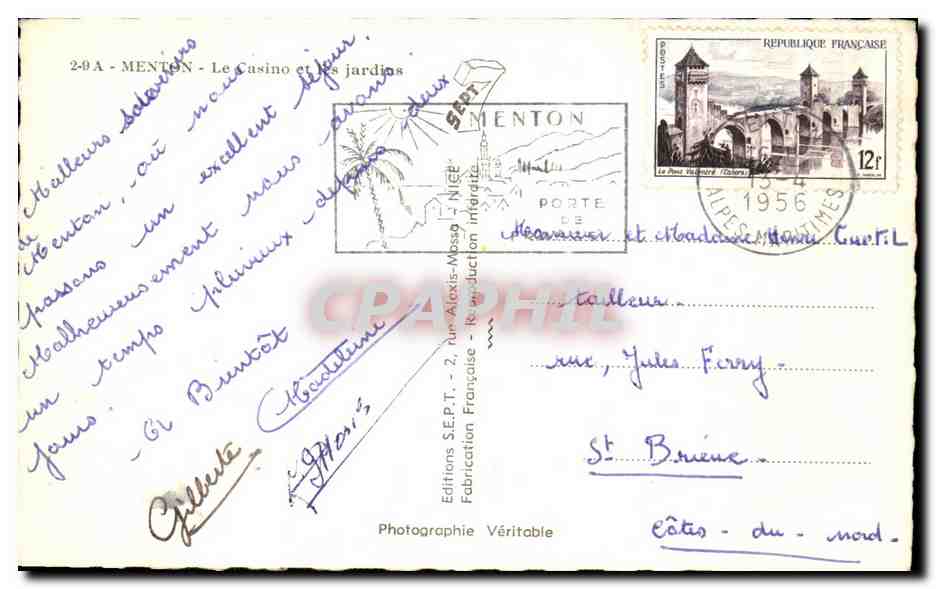 CPA Menton Le Casino et les jardies — Rückseite