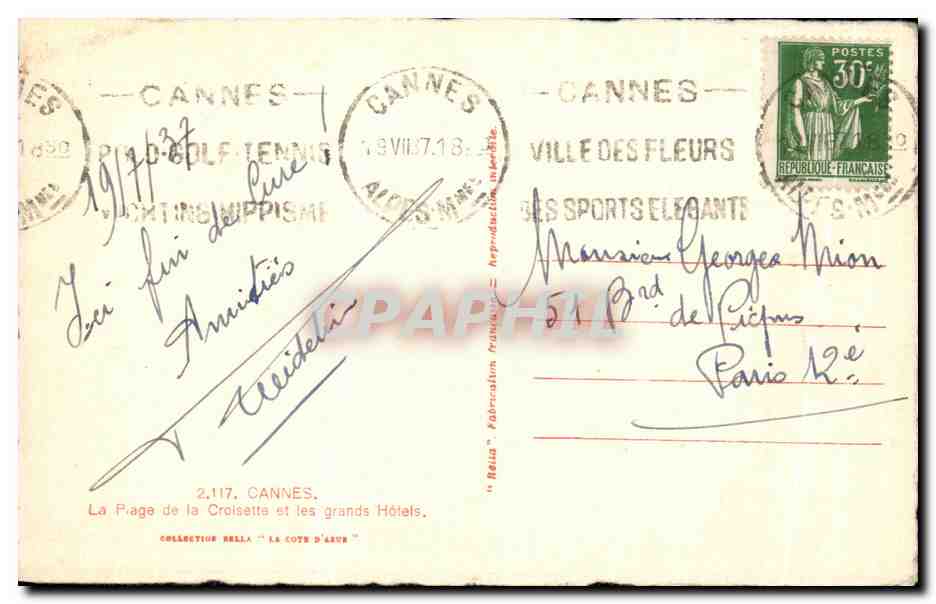 CPA Cannes La Piage de la Croisette et les grands Hotels — Rückseite