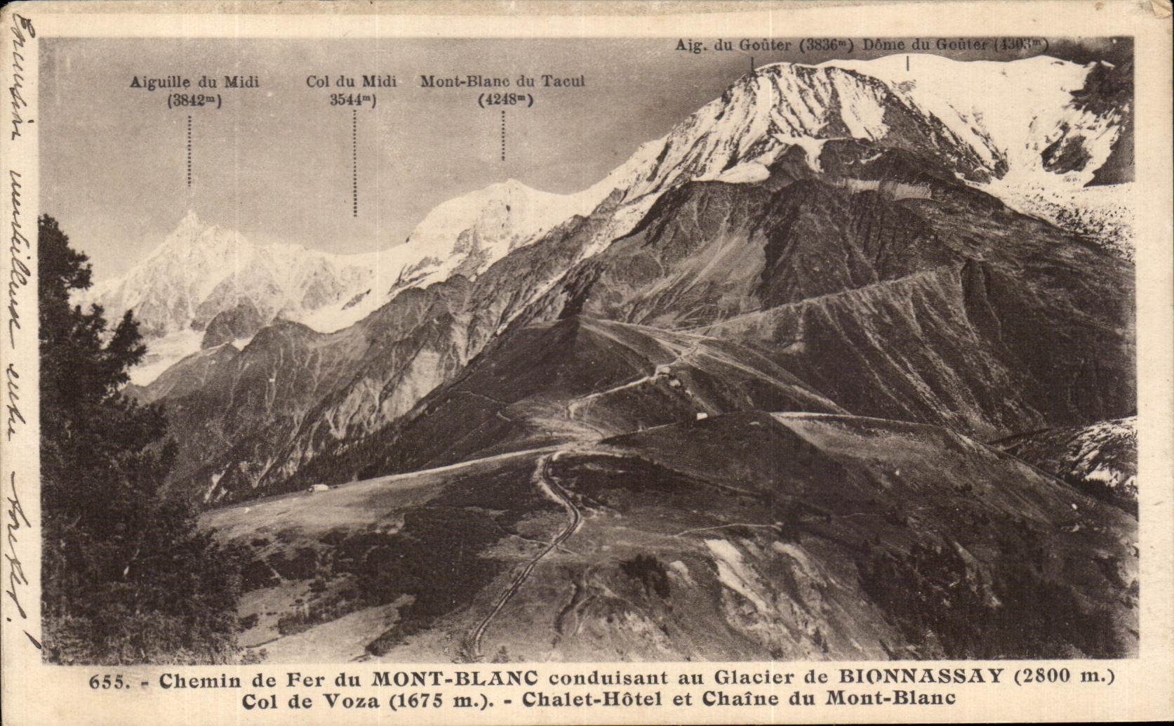 Chemin de Fer du MONT-BLANC conduisant au Glacier de BIONNASSAY — vue des Aiguilles du Midi et du Mont-Blanc du Tacul