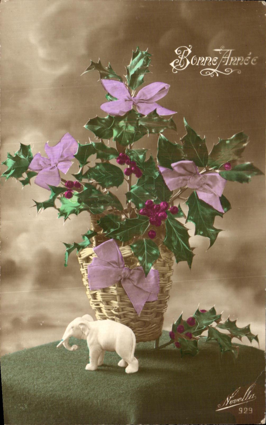 CPA Fantaisie Fleurs Elephant BlancBonne Annee