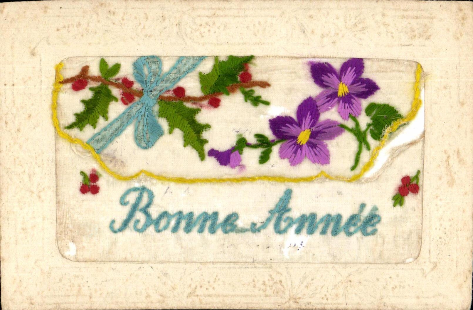 CPA fantaisie Fleurs Carte brodee Bonne Annee