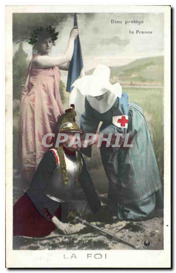 CPA Dieu Protege La France La Foi fantaisie Religieuse Militaria 