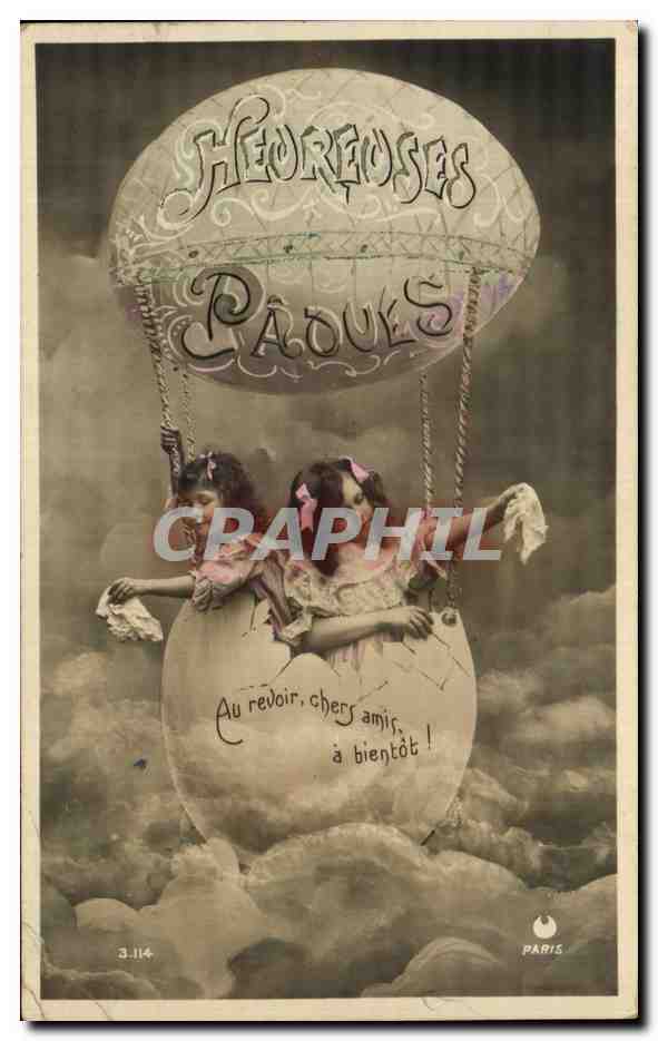 CPA Fantaisie Enfants Ballon Paques Oeufs 