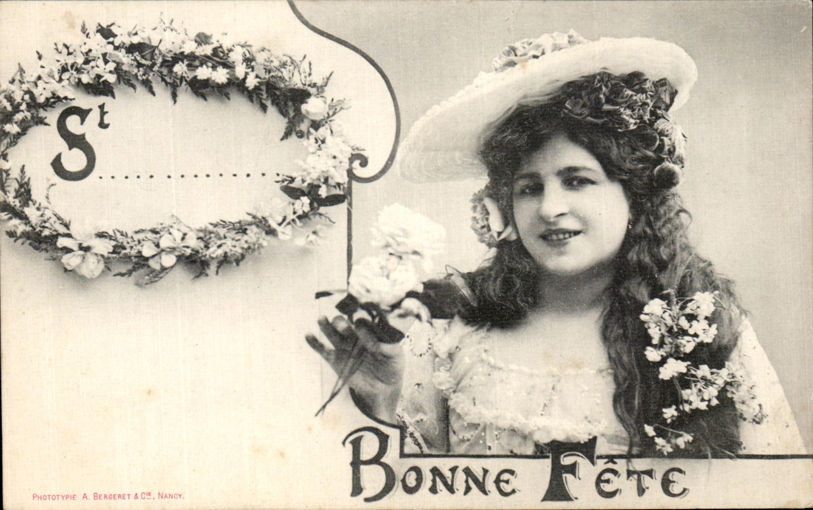 Femme en chapeau fleuri — Bonne Fête — Phototypie A. Bergeret & Cie, Nancy