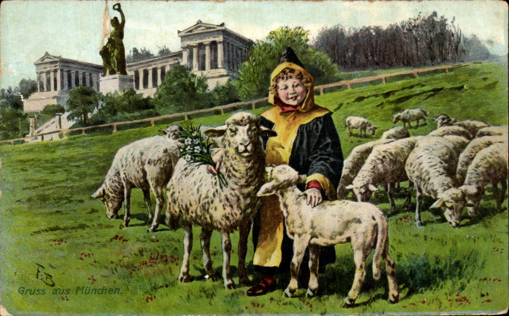 CPA Fantaisie Enfant Moutons Gruss aus Munchen 