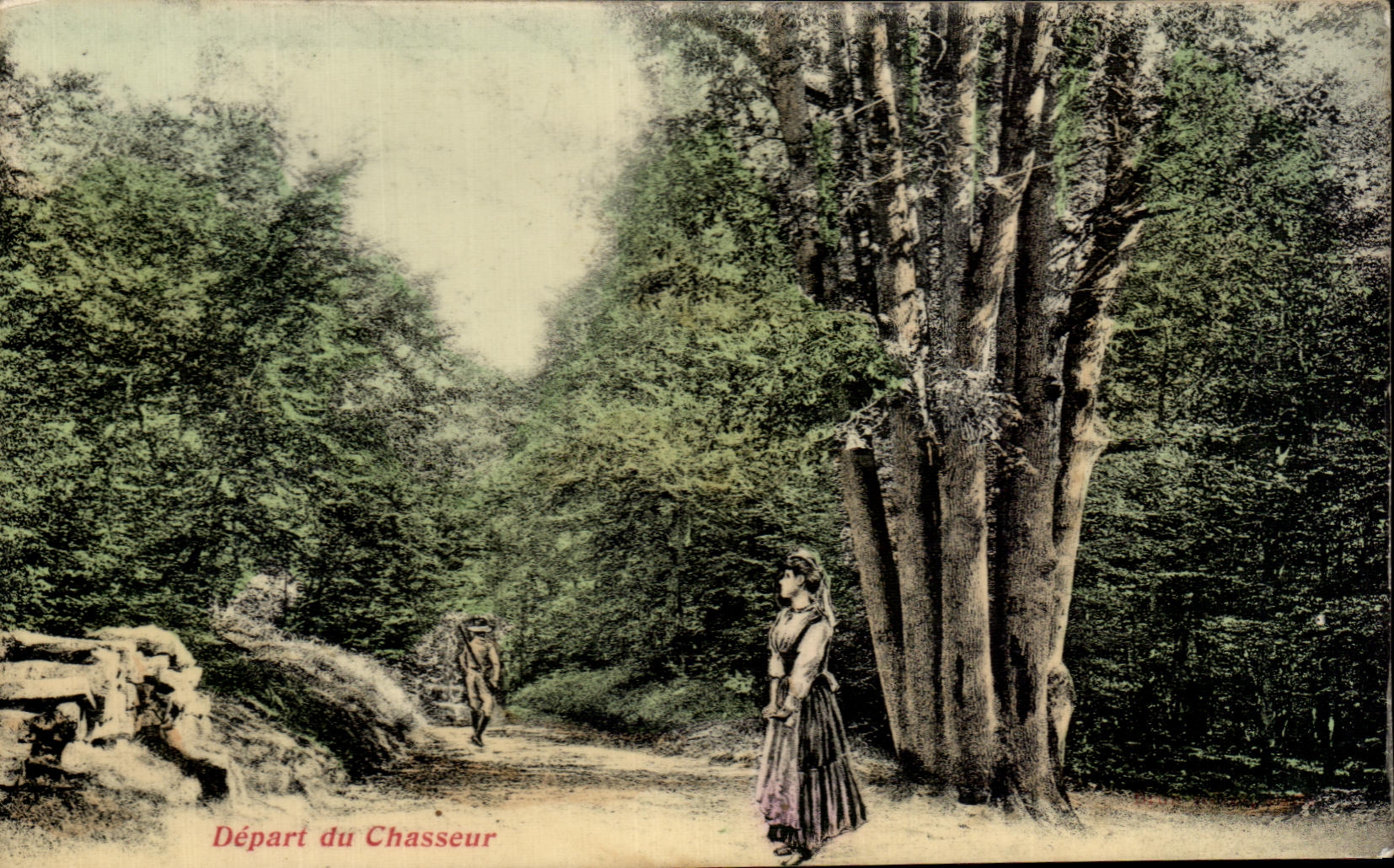 Départ du Chasseur — scène forestière avec femme et chasseur — éditeur non identifié