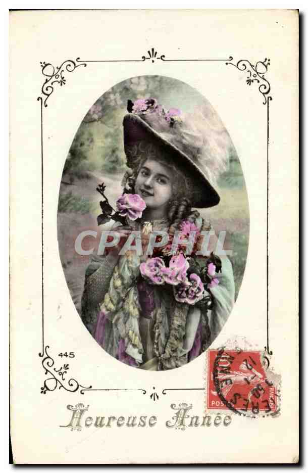 Jeune femme en chapeau fleuri — 'Heureuse Année' — éditeur CPAPHIL, n° 445