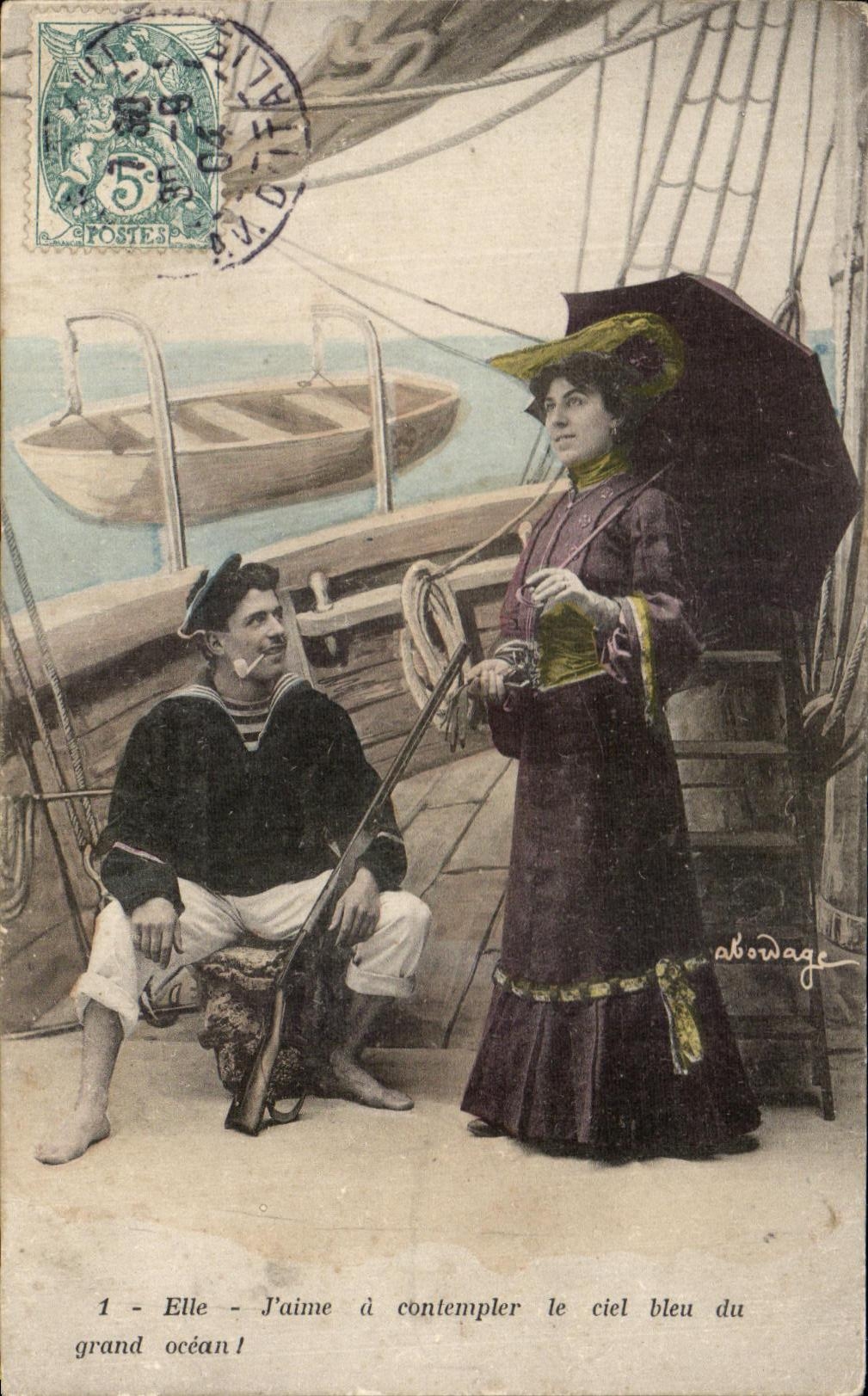 Matrose und Frau auf einem Boot — maritime Szene — Verlag Abowage, Nr. 1