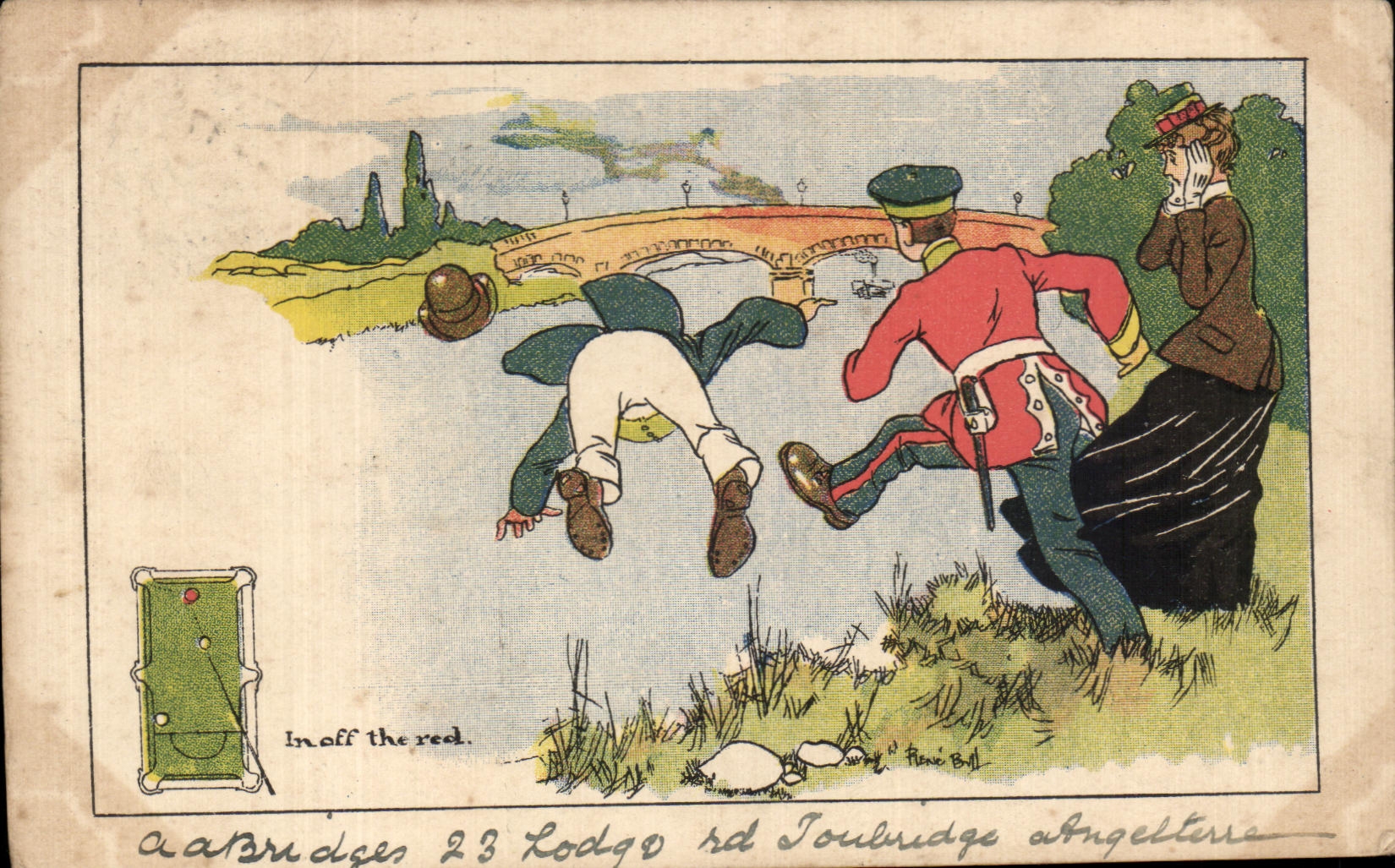 In off the reel — scène de billard — éditeur F. Bell, série 23 Lodge Rd, Tonbridge, Angleterre